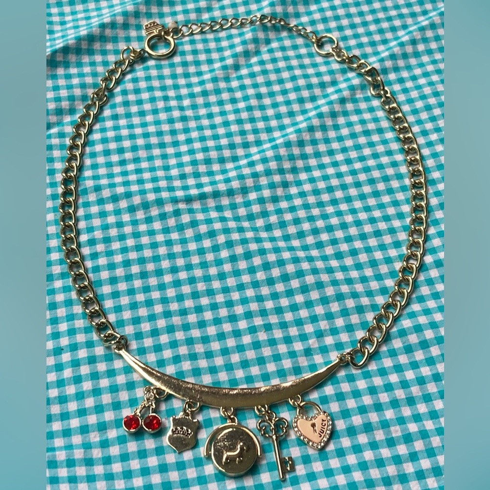 JUICY COUTURE Gold Tone Cherry Crown Charm Collar Necklace